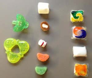 These laundry pods (right) may look like candy or toys, but kids can get very sick if they eat them.