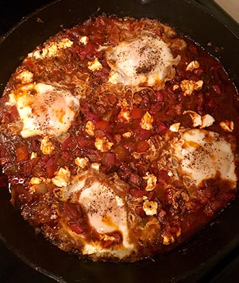 shakshuka with baked eggs, right out of the oven