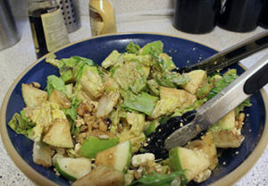 apple gorgonzola salad is a healthy salad with gorgonzola cheese, romaine lettuce and nuts