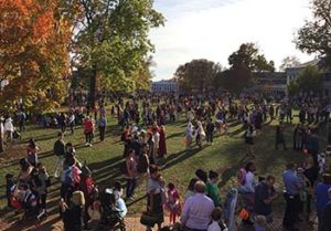 trick-or-treating on the lawn on Halloween at UVA in Charlottesville