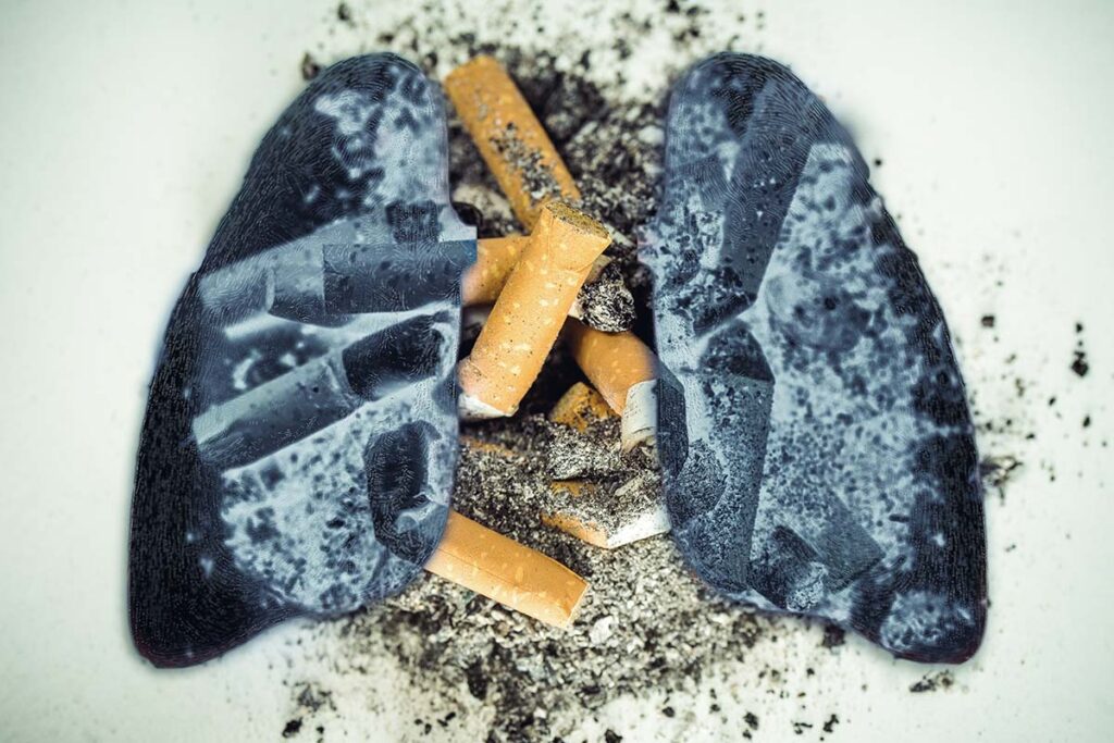 image of charred lungs overlayed on an ash tray with cigarettes