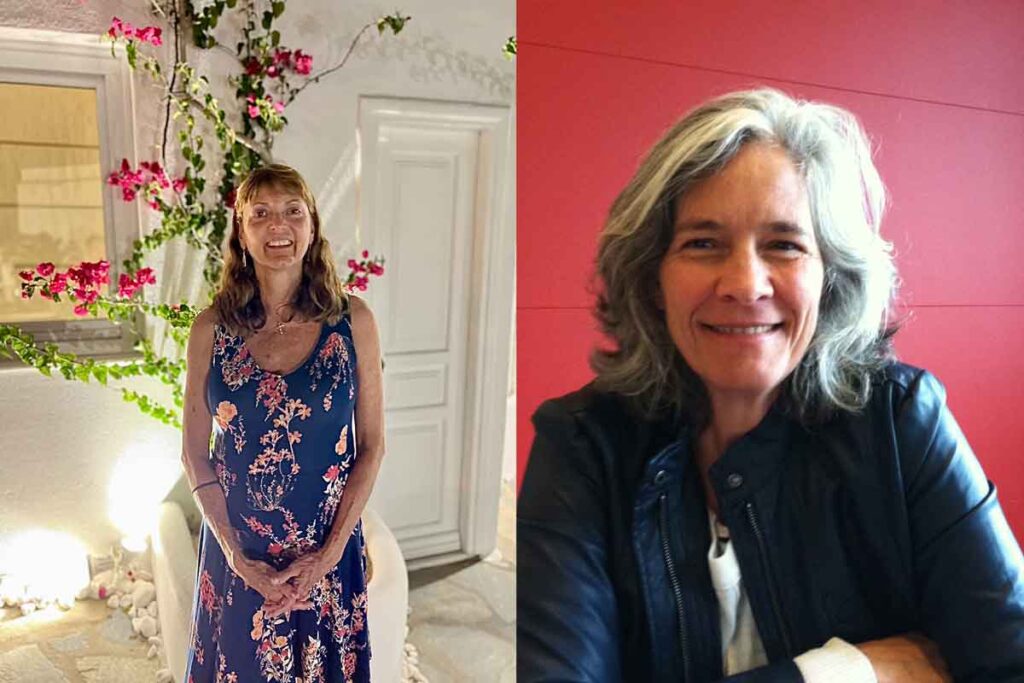 A woman in a blue dress (Christine Evans) and another in black jacket (Alyce Pollock) both smiling to the camera. These women got care at UVA Health's Women's Heart Health program.