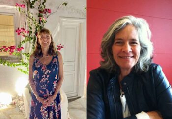 A woman in a blue dress (Christine Evans) and another in black jacket (Alyce Pollock) both smiling to the camera. These women got care at UVA Health's Women's Heart Health program.