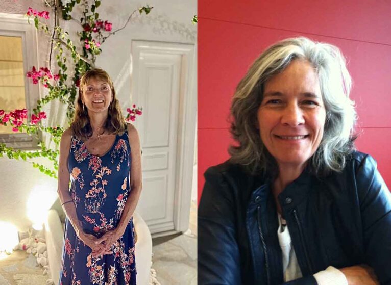 A woman in a blue dress (Christine Evans) and another in black jacket (Alyce Pollock) both smiling to the camera. These women got care at UVA Health's Women's Heart Health program.