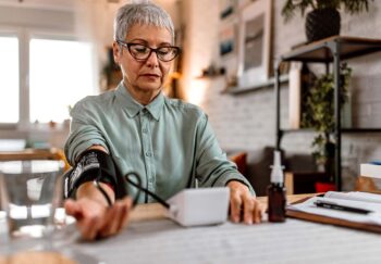 an older person takes their blood pressure at home