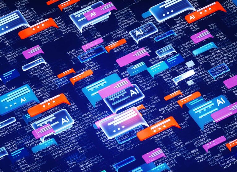 Digital generated image of abstract AI chat icons over digital surface