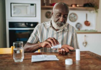 A man sitting at a table looking at a bottle of coronary artery disease medications