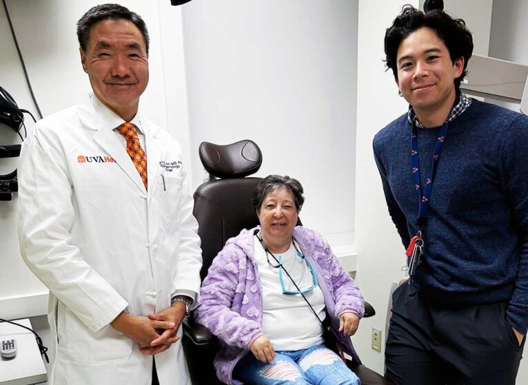 Kelly and Dr. Jun. Kelly came to UVA Health for cataract surgery.