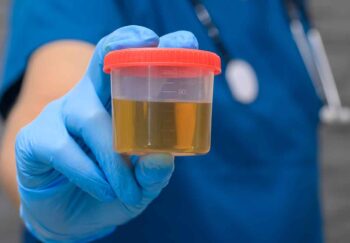 A dr holds a sample of urine to test for a UTI.